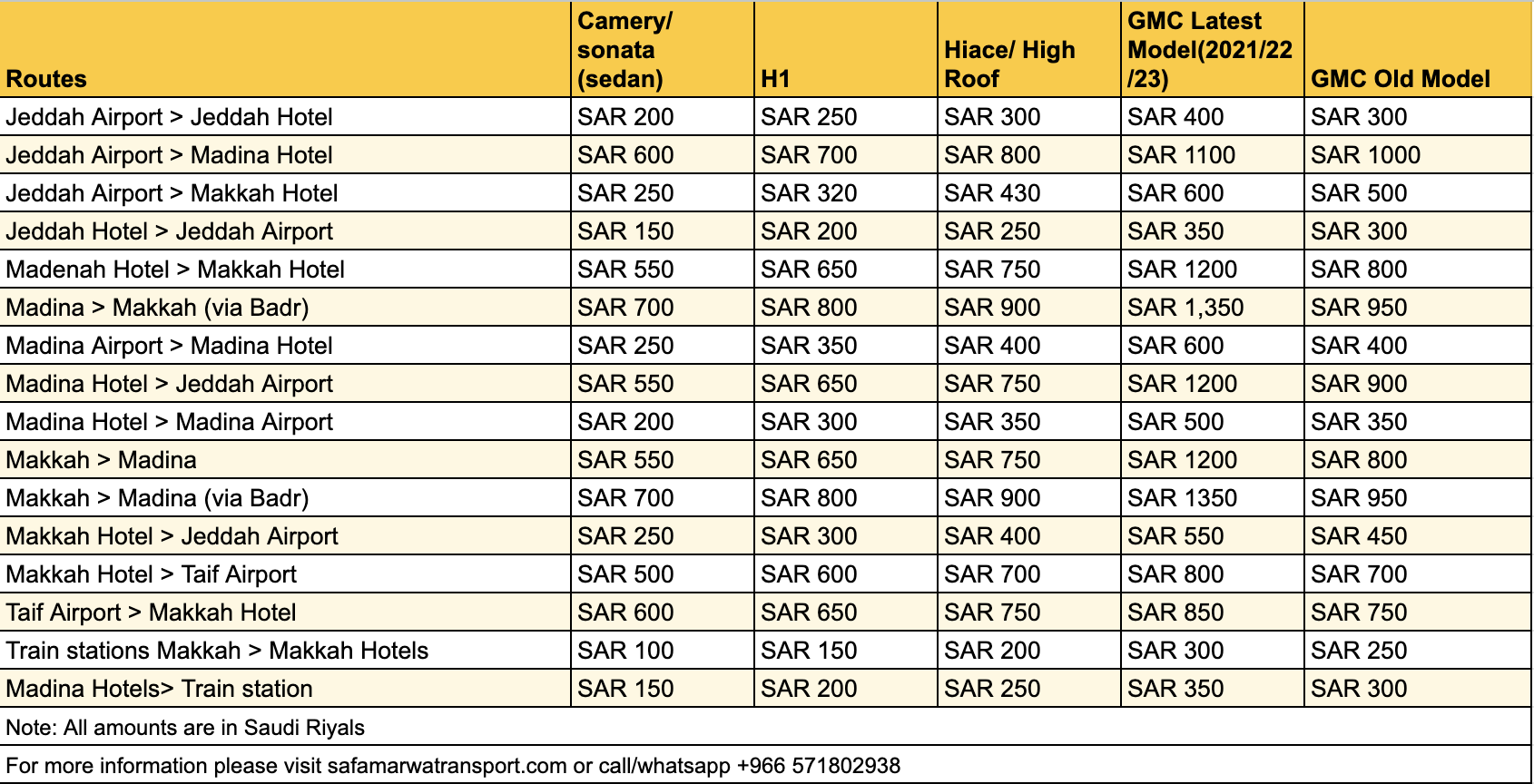 Safa Marwa Transport - Rates Sep 2024